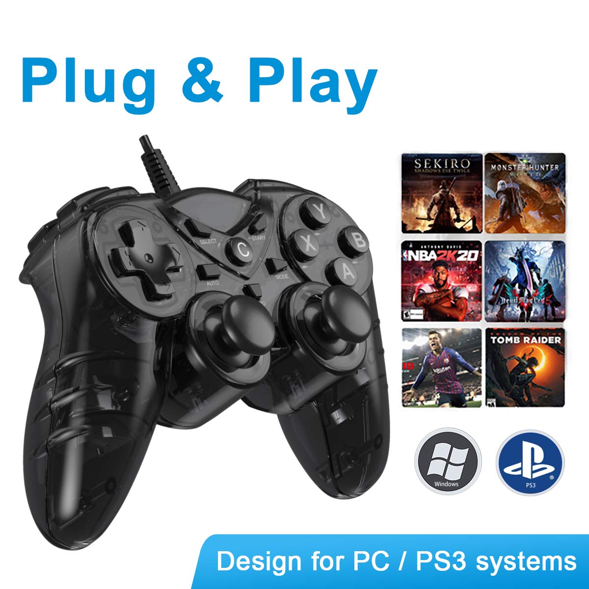 NBCP Game Controller for PC PS3,wired PS3 Controller for Windows 7/8 /8.1/10/ Laptop, TV Box USB Steam Gamepad joystick Joypad with Dual Vibration feedback Turbo Trigger