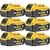 YAYETUR 6 Packs 8000mAh DCB206 Replacement for Dewalt 20V Max Battery Lithium ion Compatible with Dewalt Battery DCB201 DCB203 DCB204 DCB205 DCB206 DCB207 Series Power Tools
