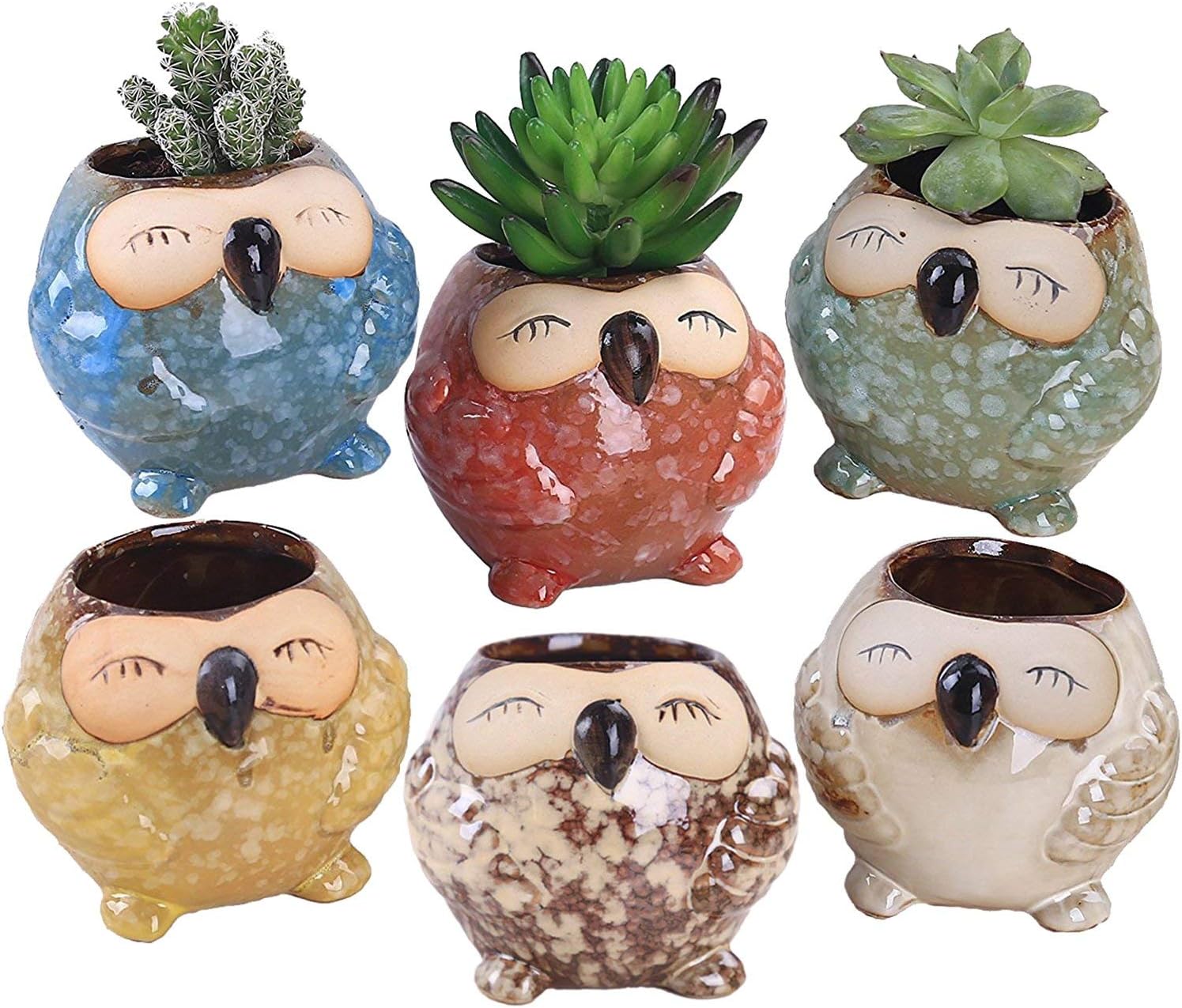 Handmade Flower Pot Succulent Plants 6-pcs Cute Owl Small Ceramics Owl Flower Planter Herb Pot Decorative Vase Garden Vase (Pattern Two-6 pcs)