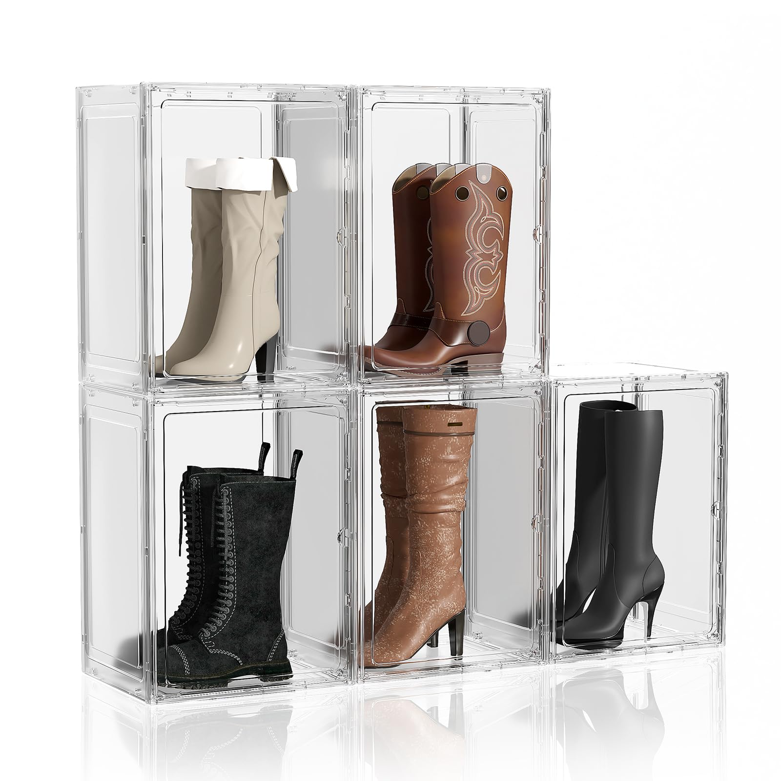 Photo 1 of HOYOJA Boot Storage Organizer Tall Boot Storage Box 5 Pack Super Large Plastic Boots Container for Storage, Stackable Display Case for Collectibles, Backpack, Helmet, Shoe Organizer Box, White, XXXXL