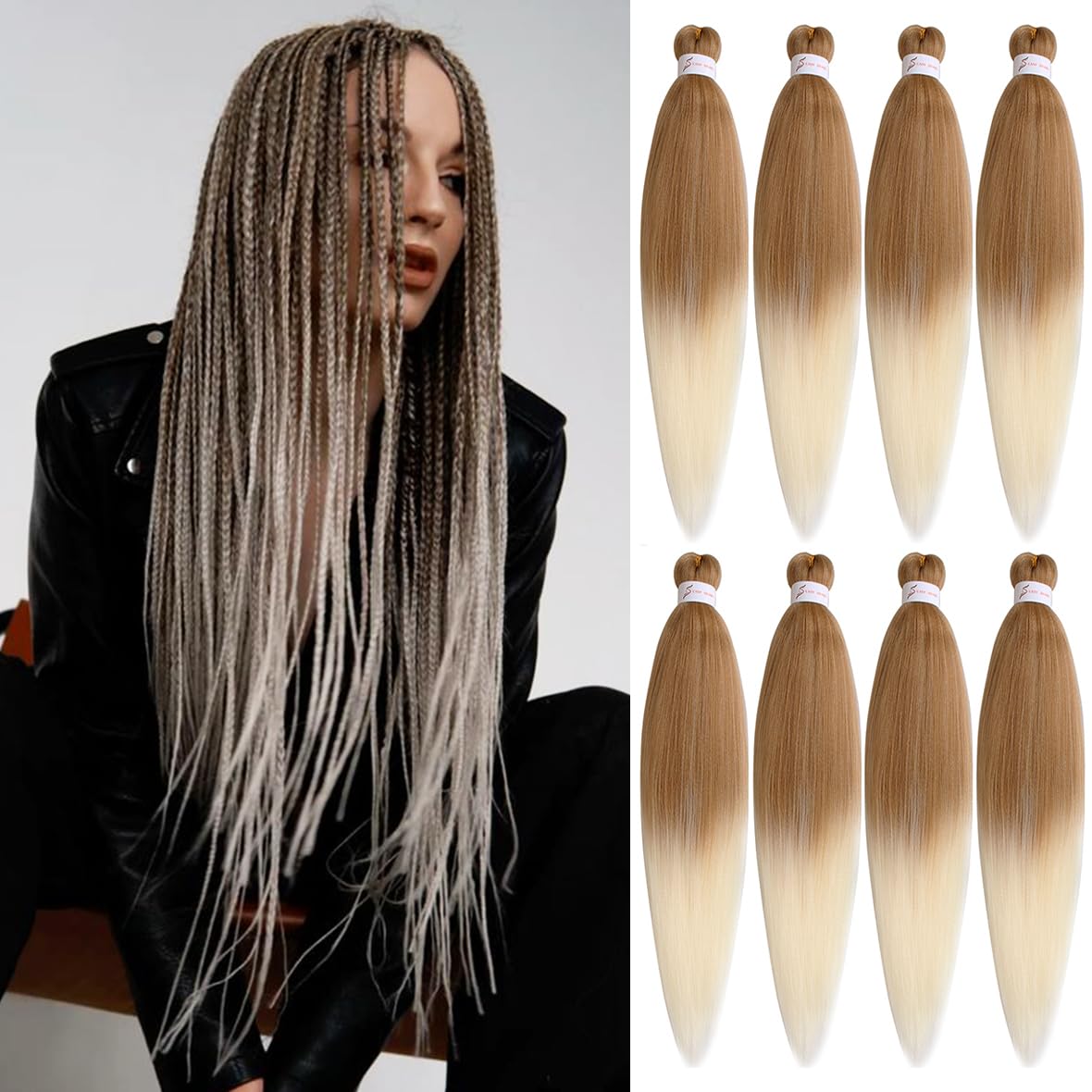 Kachanaa 26 Inch Pre Stretched Braiding Hair 8 Packs EZ Braids Yaki Hot Water Setting Kanekalon Hair for Braiding Yaki Texture Pre Stretched Braiding Hair Extensions 27613#