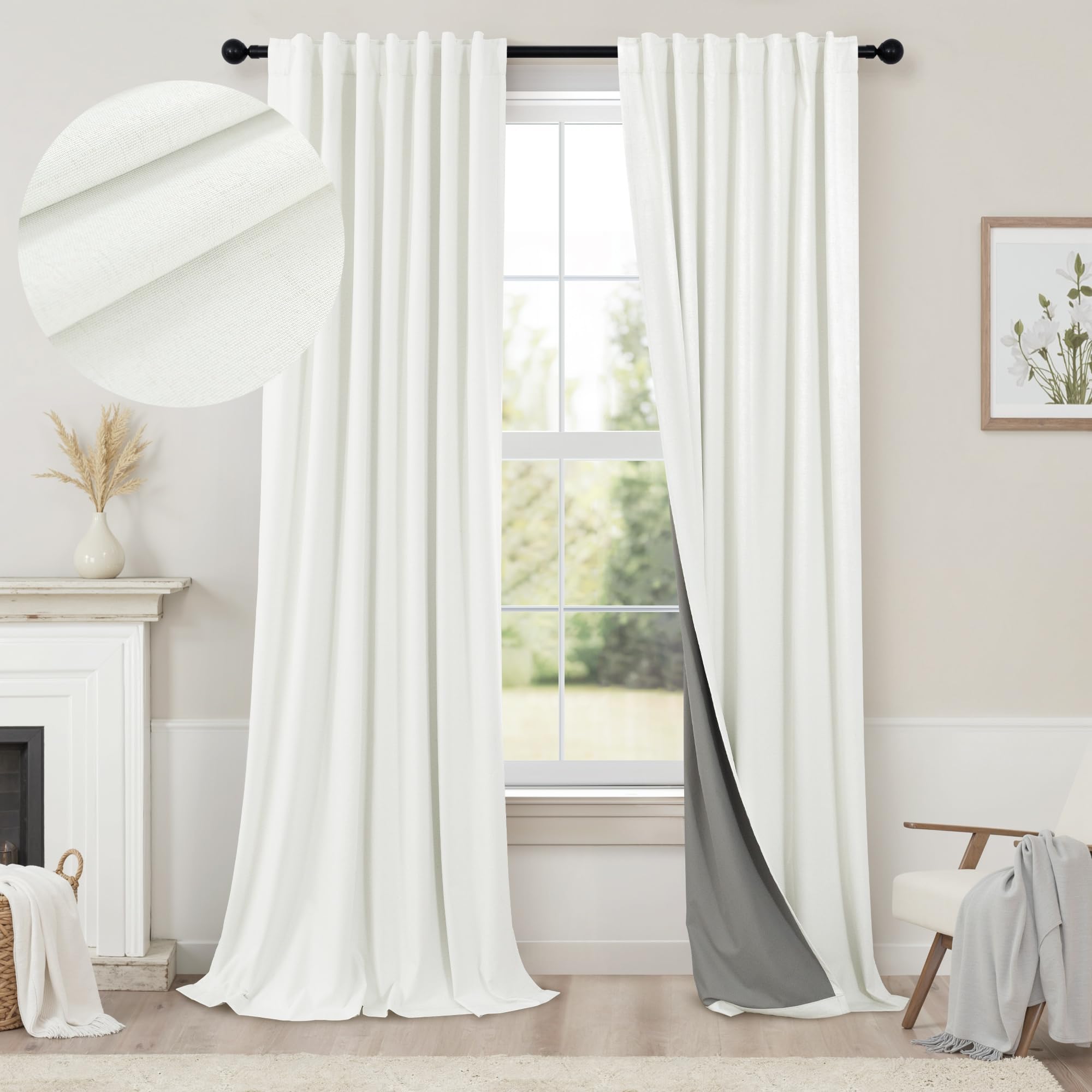 Photo 1 of Extra Long Ivory Curtains for Living Room Blackout 108 Inch Sound Proof Wide Drapes for Large Window Noise Reducing Darkening Curtains for Bedroom Off White 52x108 Ceiling to Floor Length 2 Panel 9 ft