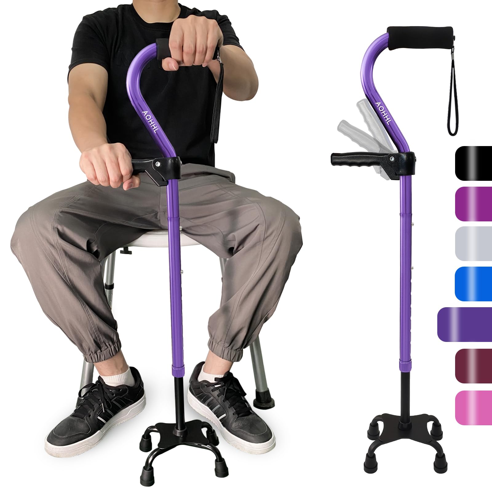 AOHHL Quad Walking Cane Foldable Adjustable Portable Stick Men & Women and Seniors - Lightweight & Sturdy with 4-Pronged Base for Extra Stability Balance,Self Standing Gifts for mom Dad