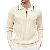 Esabel.C Mens Knit Polo Shirts Long Sleeve Ribbed Textured Polo Shirt Fashion Collared Casual Golf Shirts