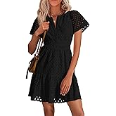 PRETTYGARDEN Womens 2026 Summer Short Dress V Neck Short Sleeve A Line Hollow Out Lace Ruffle Cute Casual Beach Party Dresses