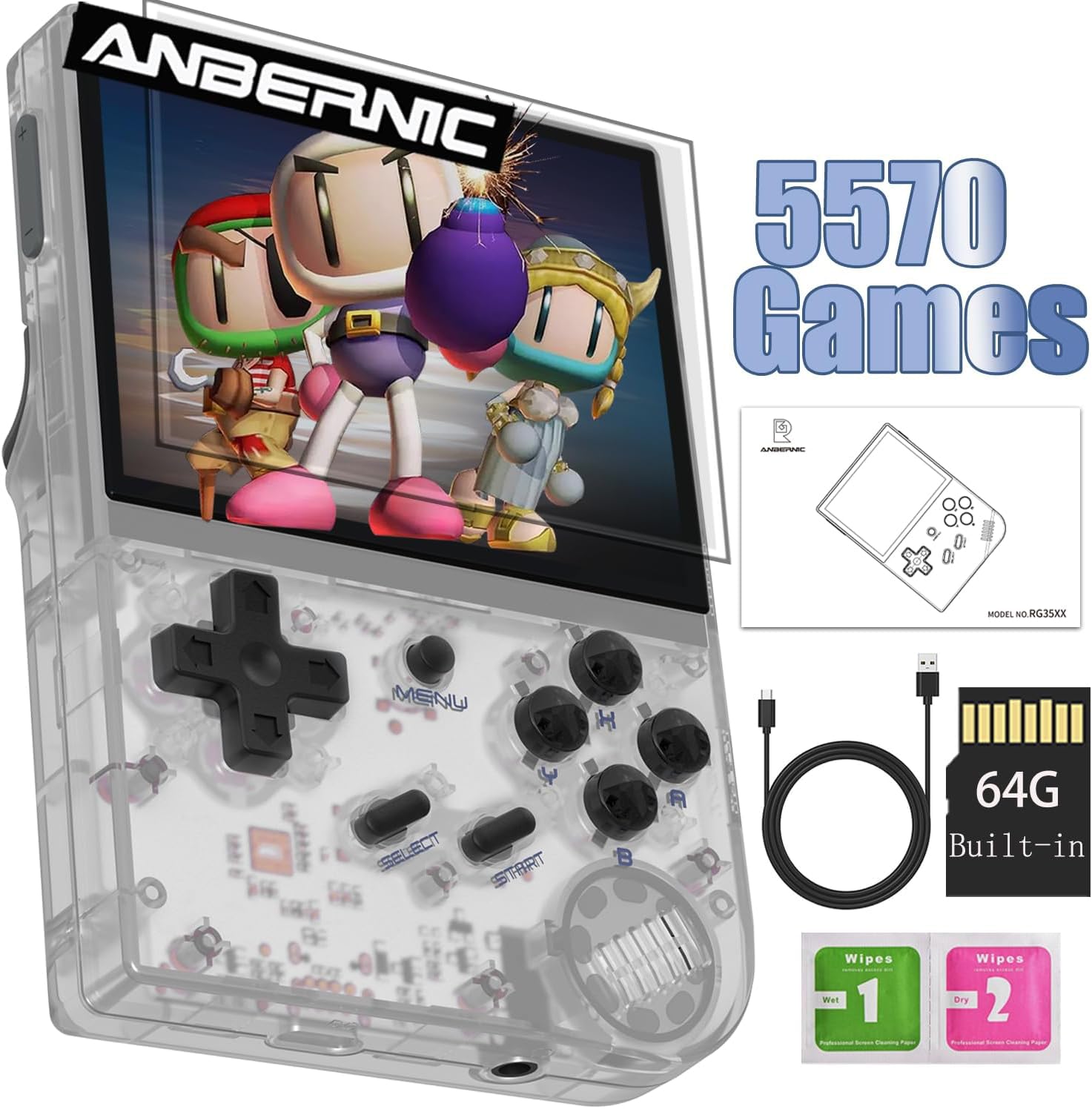 RG35XX 2024 Retro Handheld Game Console Linux System HD and TV Output 3.5 Inch IPS Screen 64G TF Card 5500+ Classic Games 2600mAh Battery (RG35XX-White)