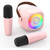 RIKGYHA Mini Karaoke Machine, Portable Bluetooth Karaoke Speaker with 2 Wireless Microphone and Lights for Kids and Adults, Chritmas Birthday Gifts for Girls Boys 3-12+ Year Old (Pink)