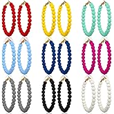 Bonuci 9 Pairs Acrylic Beaded Hoop Earrings for Women Bohemian Round Bead Earrings Mixed Color Dangle Bulk Summer Beachy Set(Bright, Acrylic)