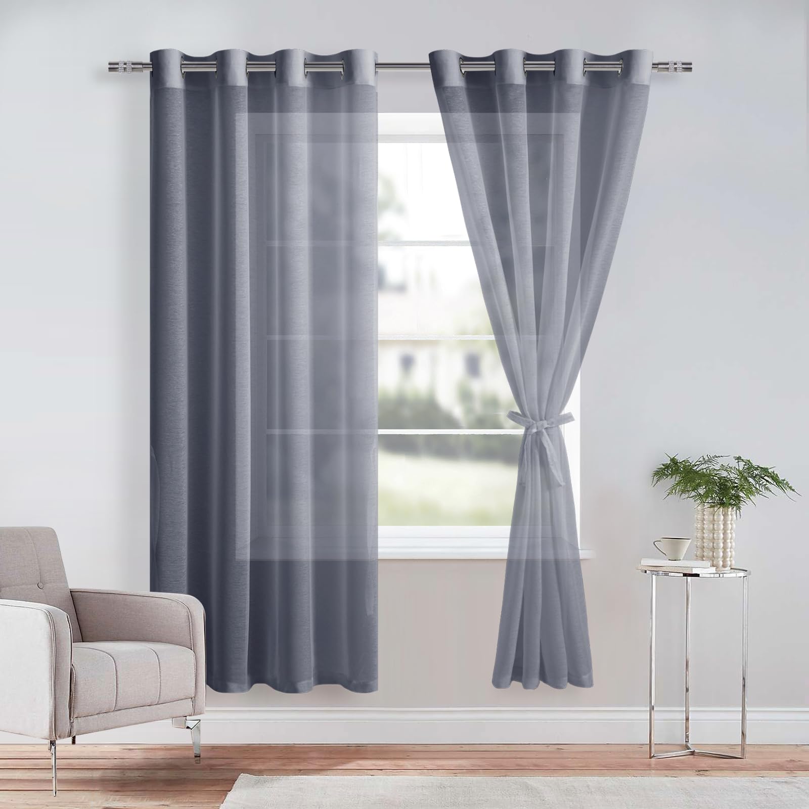 DWCN Dark Grey Sheer Curtains with Tiebacks Semi Transparent Voile Grommet Curtains Elegant Window Curtains for Bedroom and Living Room,2 Panels,W52 x L72
