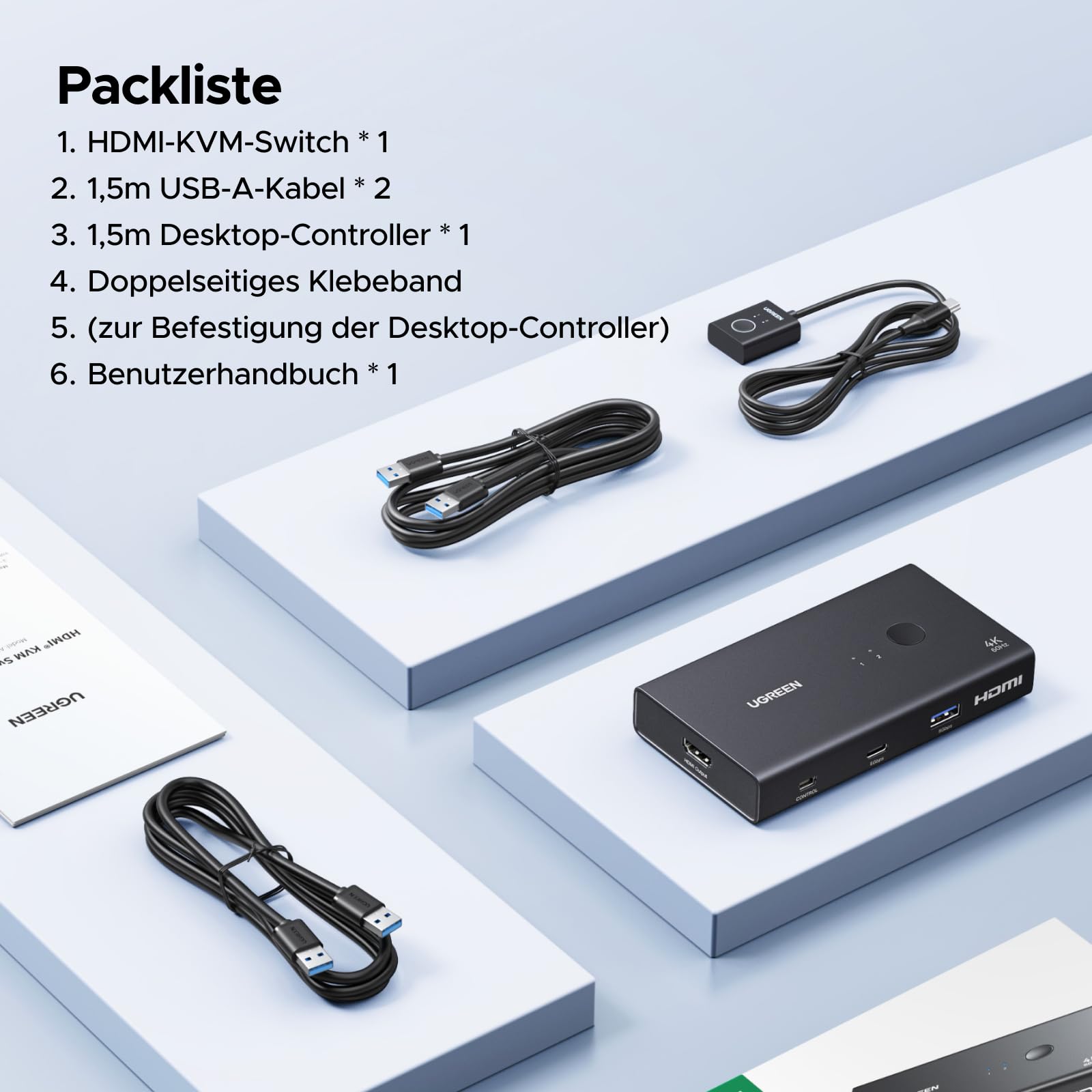 UGREEN HDMI 2.0 KVM Switch 2 PC 1 Monitor 4K@60Hz mit 4 USB 3.0 Ports(3*USB A+ USB C) Tastatur und Desktop-Controller Umschaltung Kompatibel mit Windows/Linux/MacOS 9