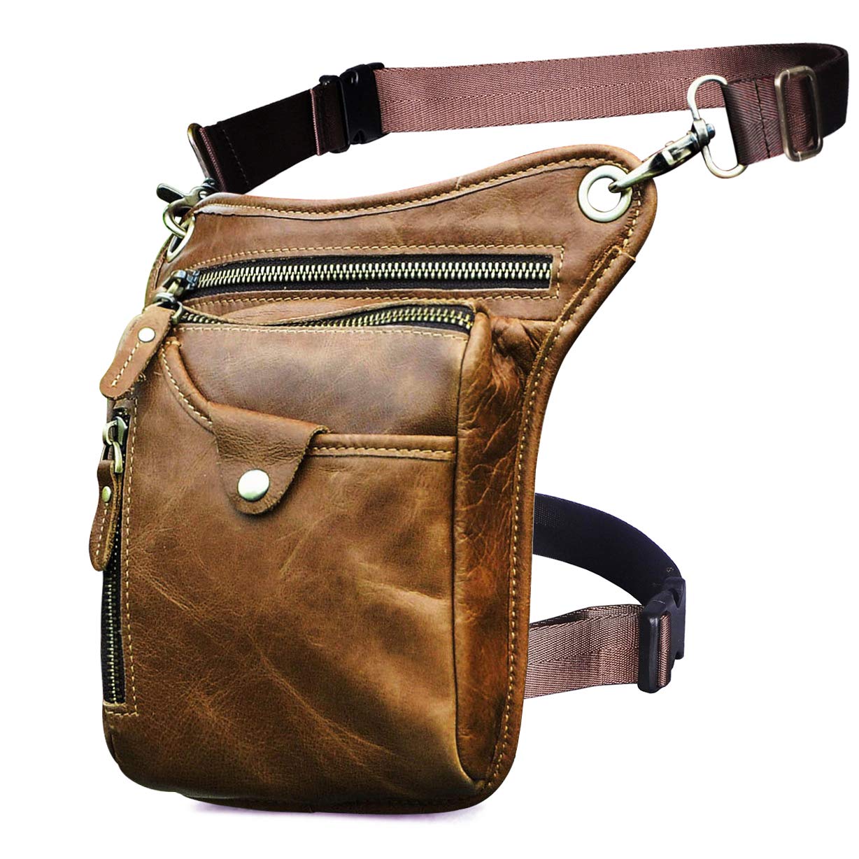 Le'aokuu Mens Genuine Leather Motorcycle Waist Pack Messenger Shoulder Drop Leg Bag 211-5 (211-5 Light Brown 3)