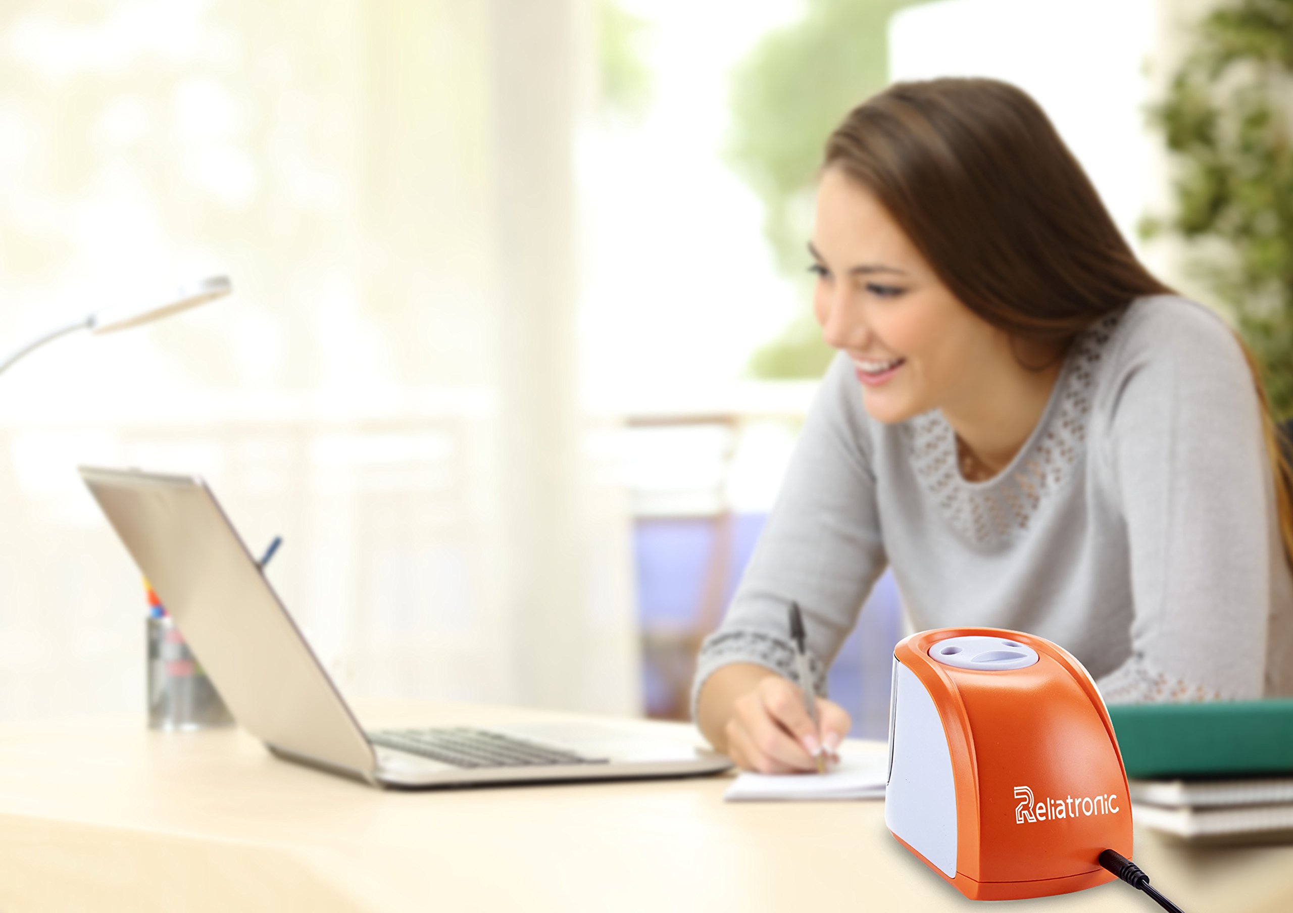 Reliatronic Electric Pencil Sharpener with 2 Holes, Especially Suitable for Colored Pencils, Both AC Powered and Battery Operated, Orange