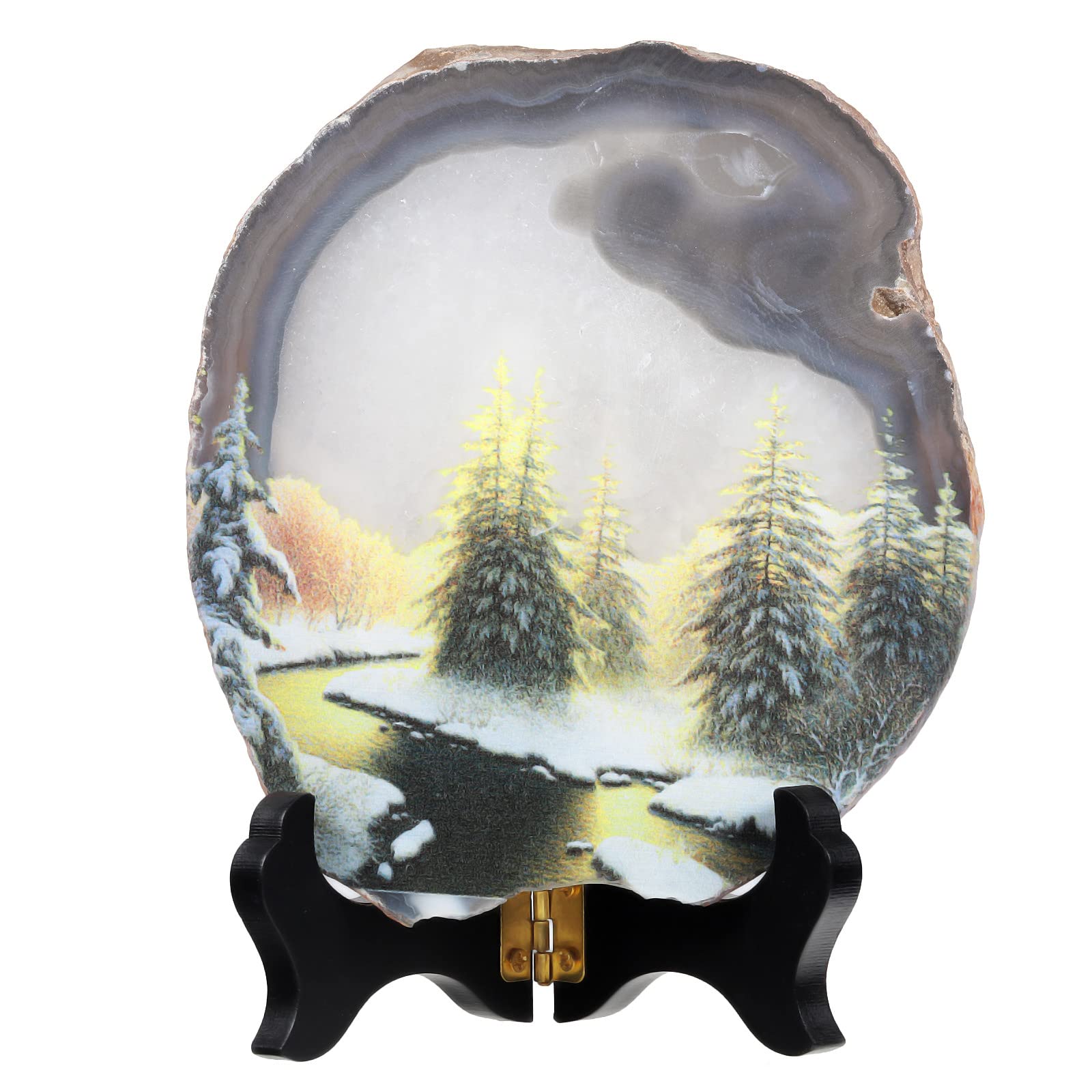 mookaitedecor Winter Forest Nature Art Print Natural Agate Slice Stone Ornament with Wooden Stand for Good Luck Home Office Decor, Healing Crystal Housewarming Gift Bedroom Art Deco Decoration