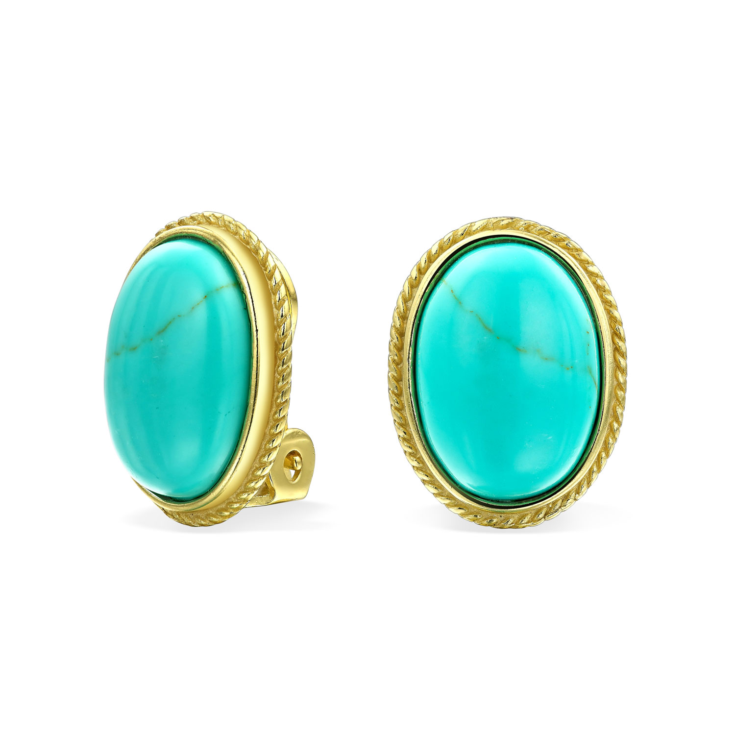 7CTW Oval Cabochon Oval Aqua Blue Stabilized Turquoise Rope Cable Bezel Gold Plated .925 Sterling Silver Clip On Earrings For Women Clip Only Is Alloy