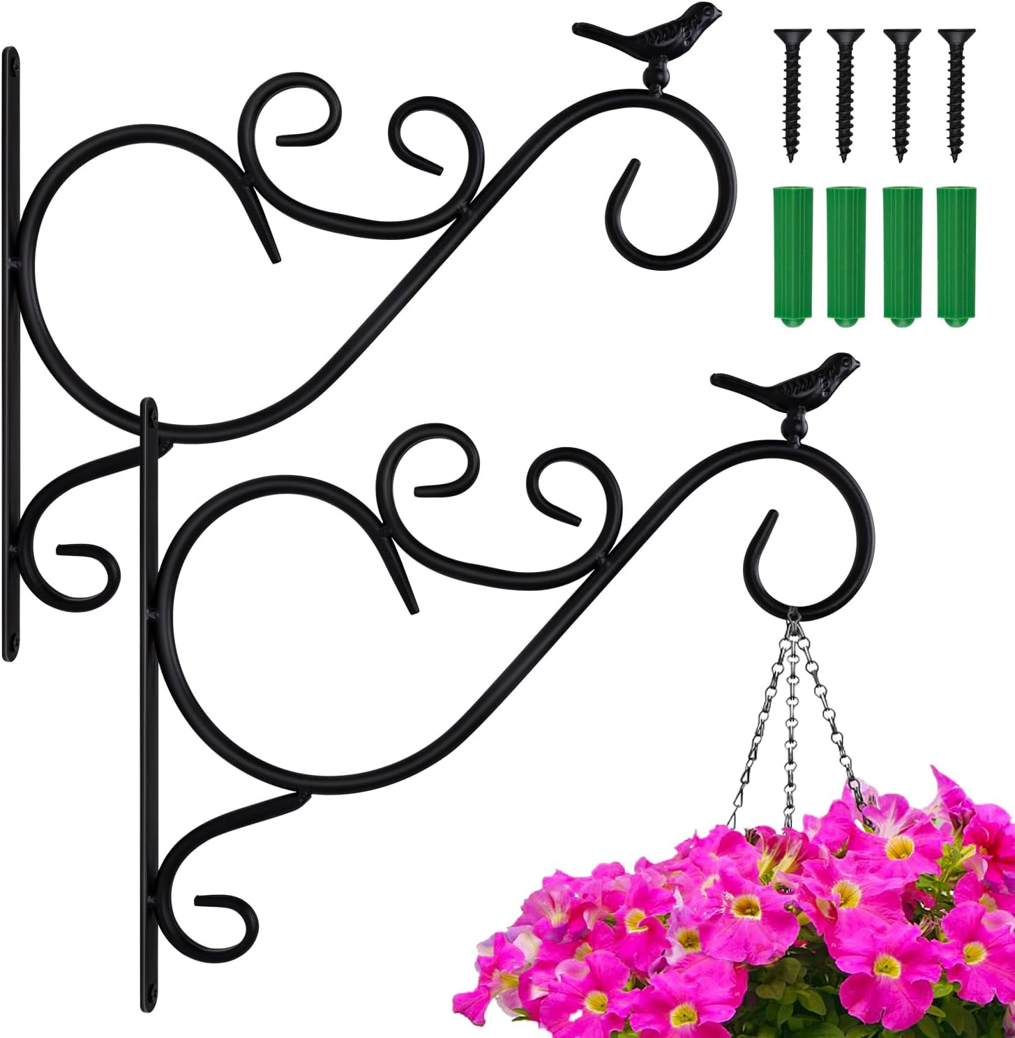 Outdoor Hanging Brackets - Siding Plant Hook for Hanging Outdoor Inch 2 Pack, Wall Hooks for Hanging Plant Bracket, Black Metal Plant Hangers Outdoor for Hanging Flower Baskets, Bird Feeders, Wind Chimes, Potted Plants