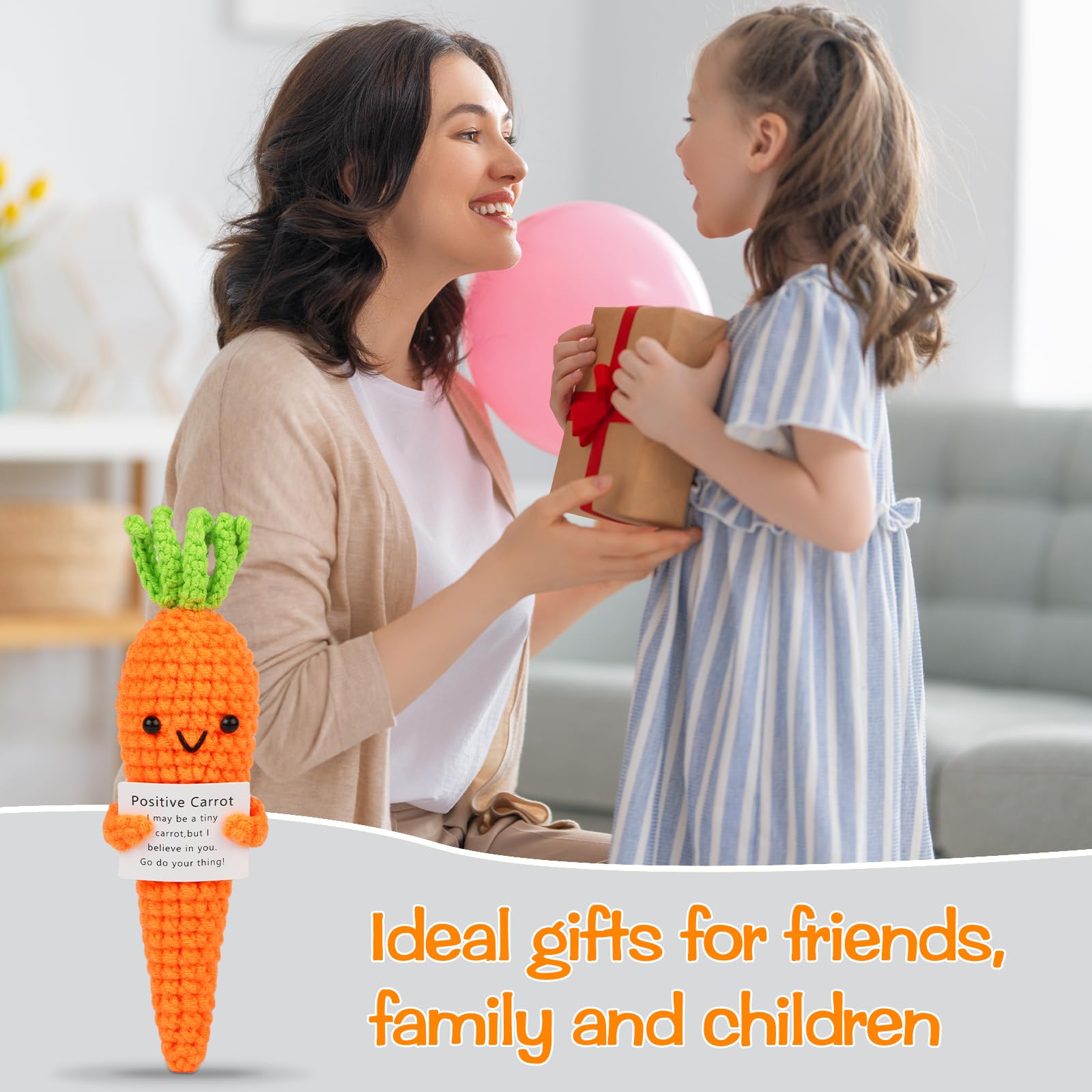 Hoedia Handmade Emotional Pickle Gift, Positive Cucumber Crochet Doll Inspirational Gifts with Cards, Cute Knitted Funny Support Pickle Potato Friend Birthday (Positive Carrot)