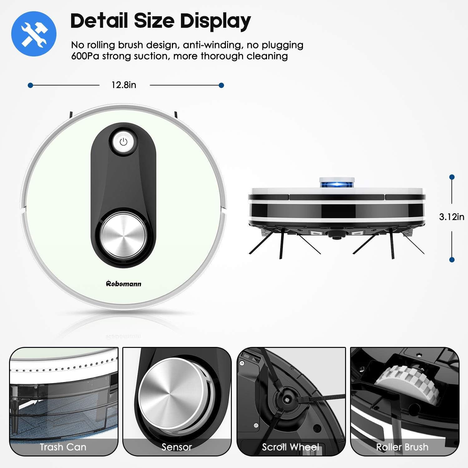 Robotic Vacuum Robot mop Automatic Cleaner,Robomann380 Smart Navigating Robotic Vacuum Cleaner with 2000Pa Strong Suction, Wi-Fi & APP Connectivity for Pet Hair, Carpet & All Types of Floor: Home & Kitchen