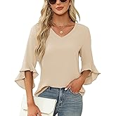 Qirno Chiffon Blouses for Women Ruffle 3/4 Sleeve Dressy V Neck Casual Flowy Tunic Tops