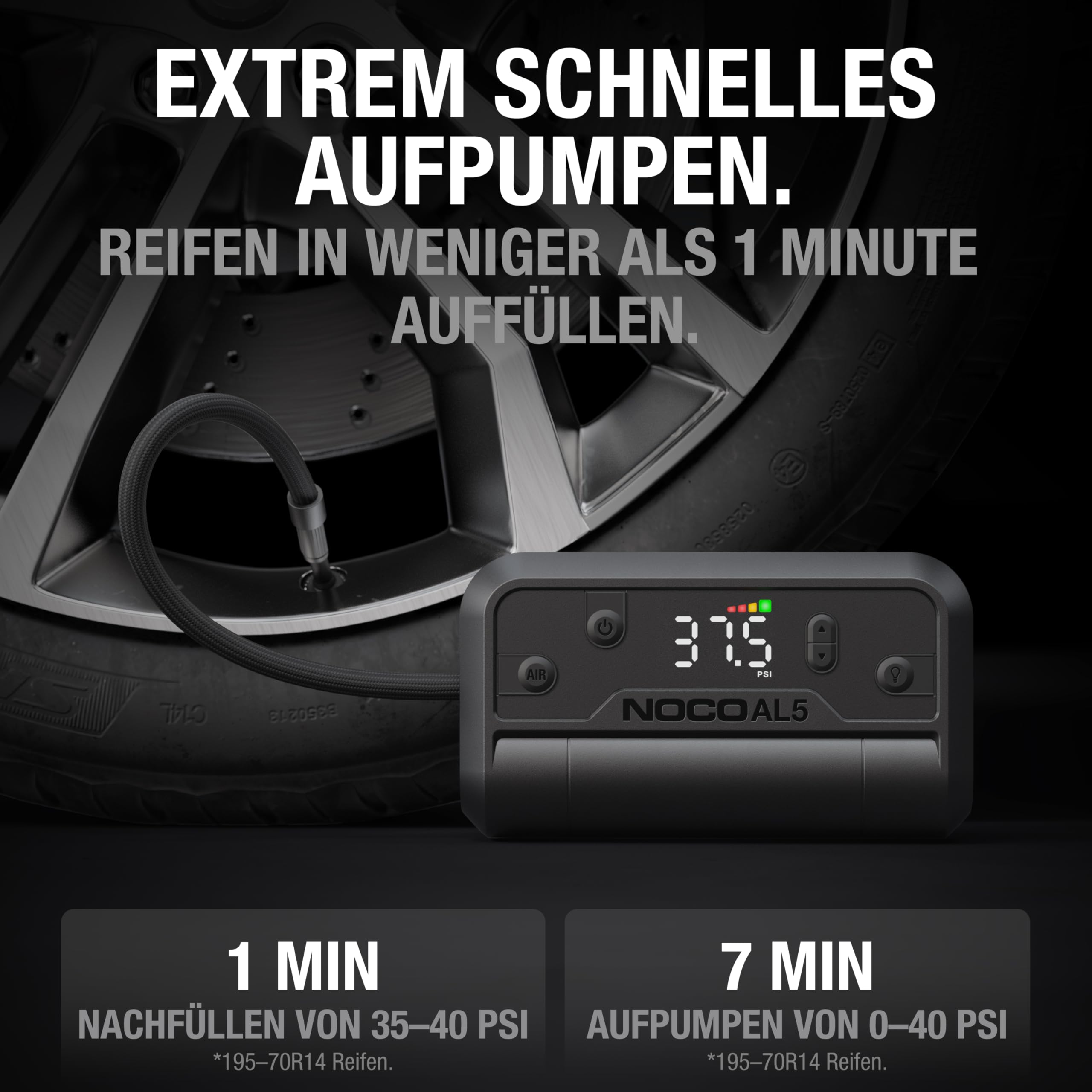 NOCO Air AL5: UltraSchnelle 5A Akku-Luftpumpe – Tragbarer Akku-Kompressor – 17 SLPM Luftstrom, 0–40 PSI in 7 Min – Digitales Manometer + automatische Abschaltung 4