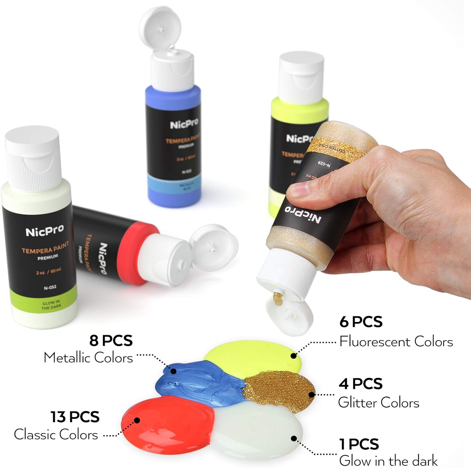 Nicpro Tempera Washable Paint for Kid & Toddler, 32 Colors (2 oz/Tube) Liquid Finger Paint Kit with 3 Brushes Non Toxic for Hand, Poster, Paper, Canvas, Sponge Painting & Art Craft DIY Projects: Home Improvement