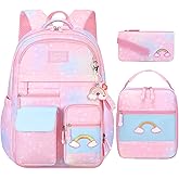 TLTUCI 3pcs Girls Backpack,Cute Rainbow School Backpack for Kids Children with Insulated Lunch Box Pencil Case Set