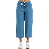 Zac & Rachel Womens Tencel Capri Length Pant with Self Adjustable Rope Belt, Functional Pockets, and Fringe Ankle Detail