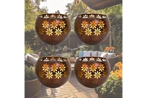 Original Solar Fire Bowl 8” (4-Pack) Decorative Metal Solar Patio Light with Flickering Flame, Waterproof Dusk-to-Dawn Garden Lantern in Bronze/Copper Finish