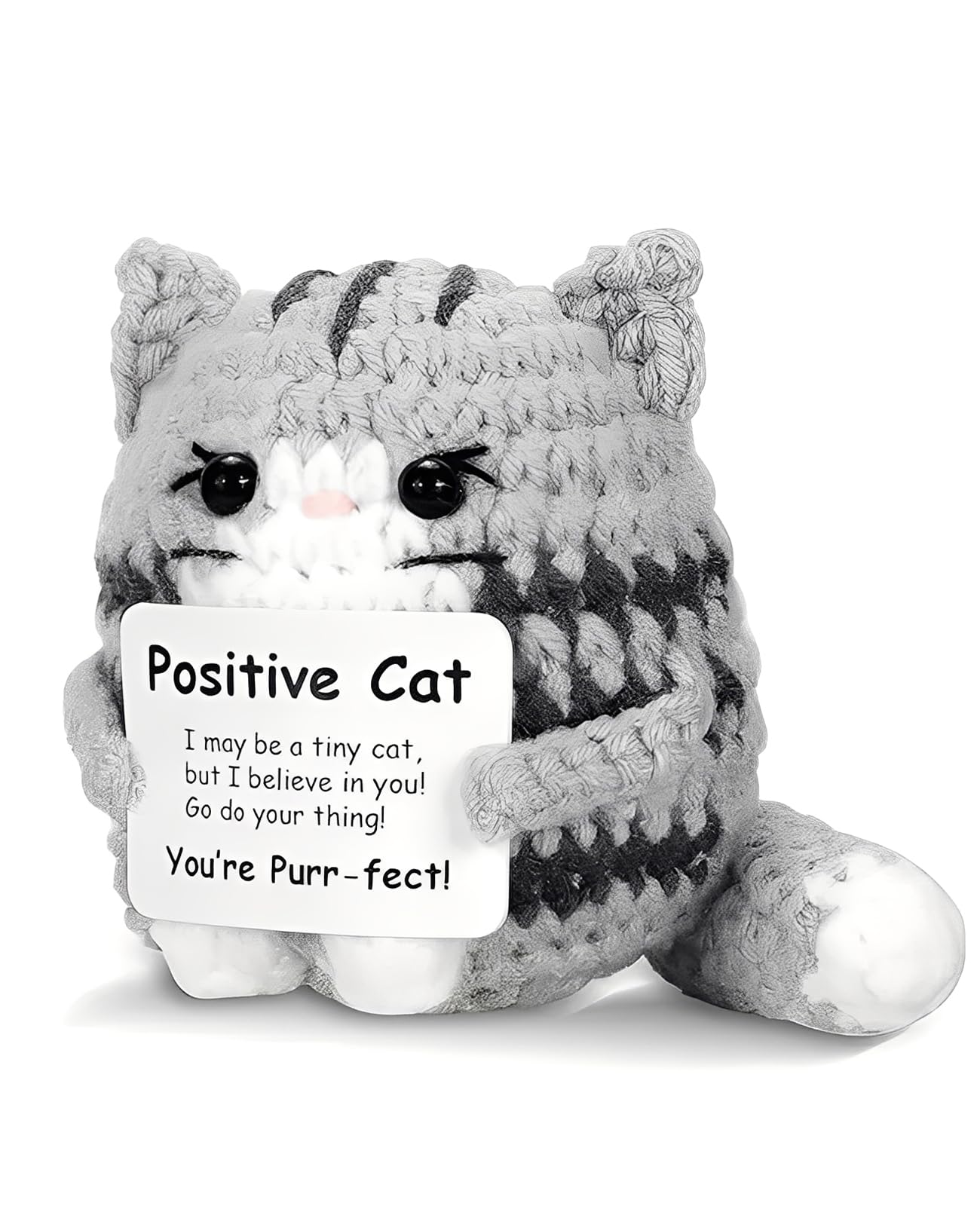 Ninnyi Cheer Up Gifts for Women, Emotional Support Crochet Cat with Positive Card for Family Friends Sisters (Grey)