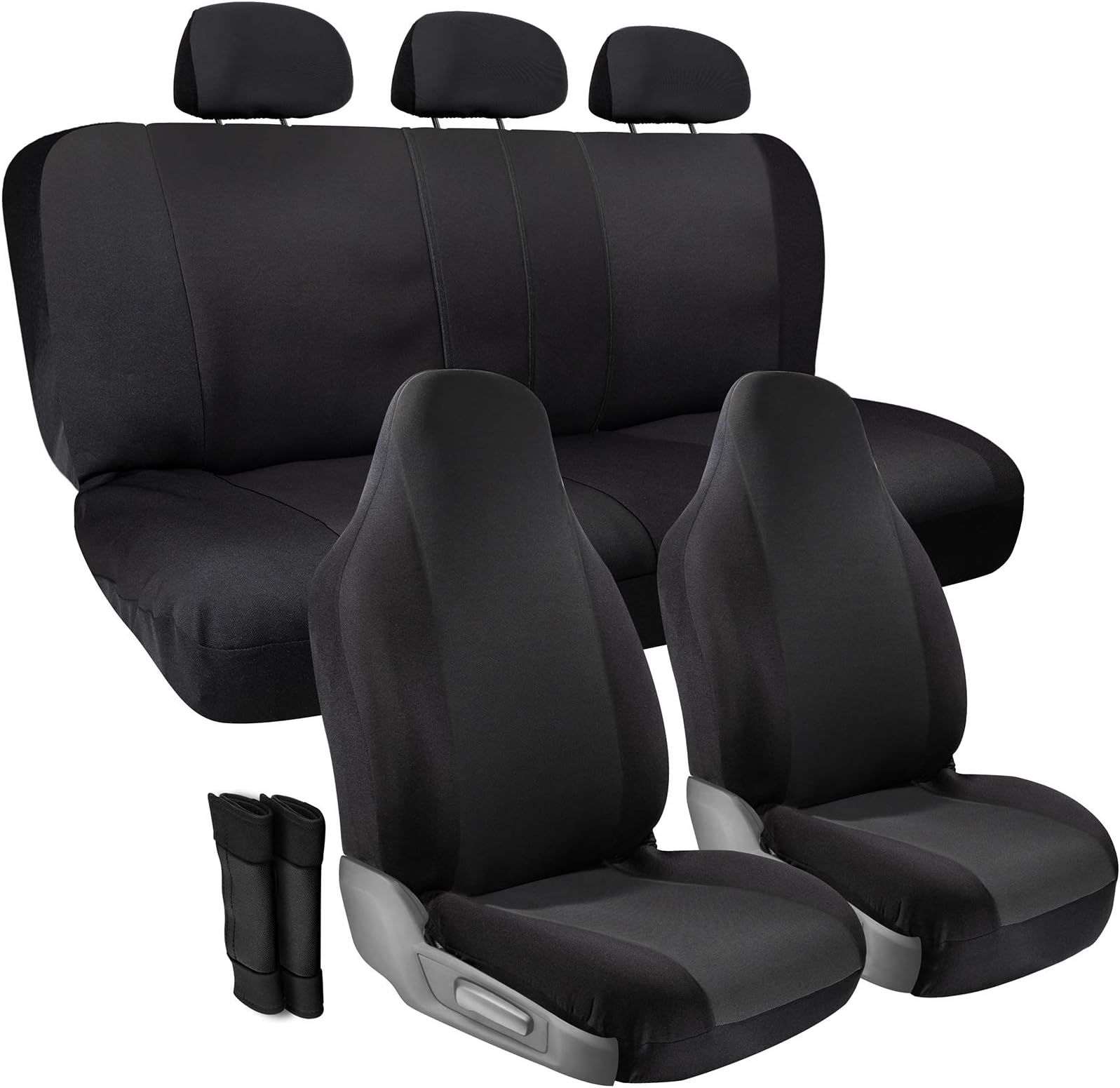 OxGord Padded Cloth Seat Cover Set with Grip Control & Seat Belt Pads for Front High Bucket & Rear Solid or Split Bench - Universal, Non-Slip Fit for Automotive Car, Truck, SUV, Van - 10pc Set, Black