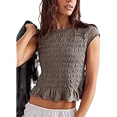 Smocked Tops for Women White Crewneck Cap Sleeve Top Tee Cotton Shirred Ruffle Crop Tank Tops Shirt