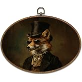 kdqua Vintage Fox Oval Wall Art Decor, Dark Academia Fox Canvas Artwork Framed, Gothic Moody Wild Animal Wall Hanging Decorations for Home Bedroom Living Room, 11.4x8.6 Inch