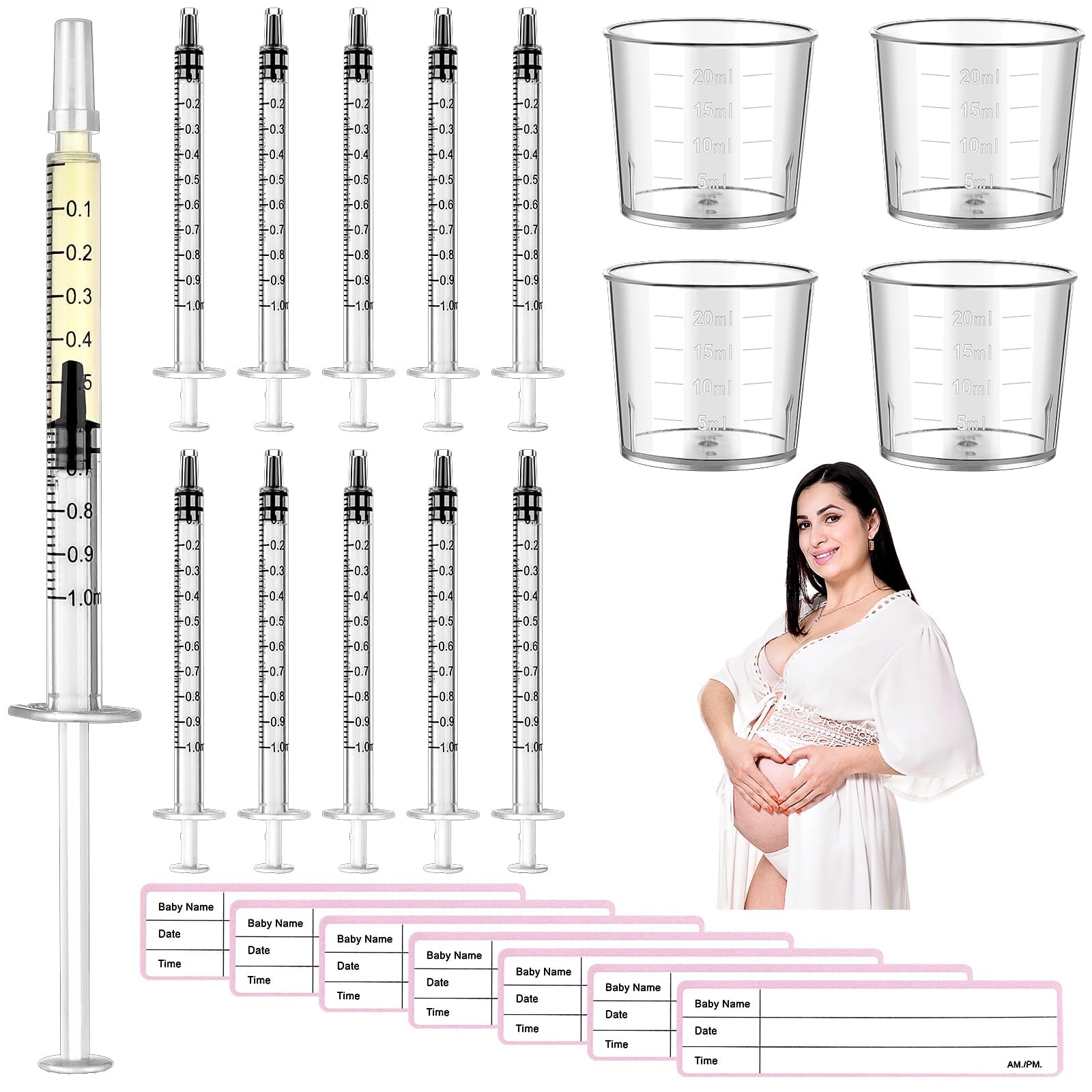 50 Pcs Colostrum Collector Kit 1ml Breast Milk Collector Milk Catcher with 4 Measuring Cup and 54 Stickers Colostrum Collection Gift Set Colostrum Harvesting Kit for Breastfeeding