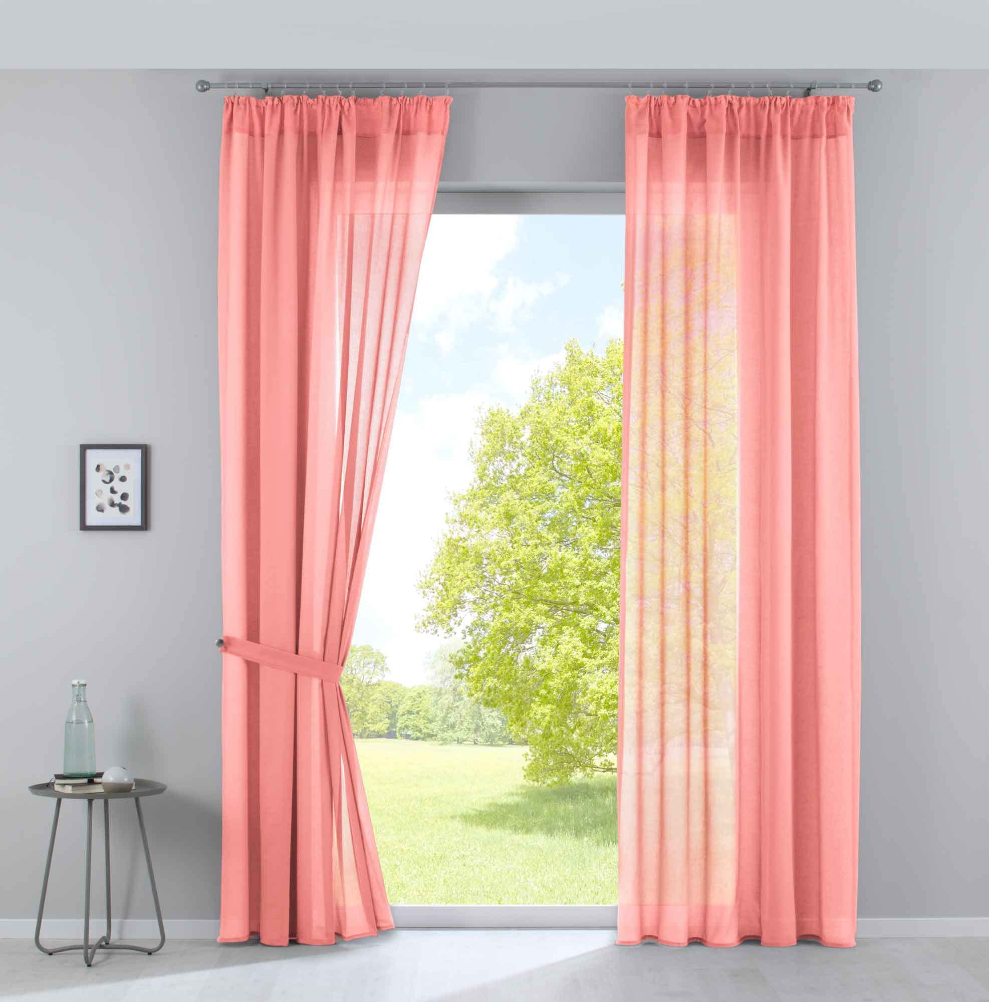 Gardinenbox Nizza Set of 2 Curtains Cotton Voile Half Voile Transparent Curtains with Curtain Tape and Drawstring, 100% Polyester, Coral, H x W 254 x 135 cm