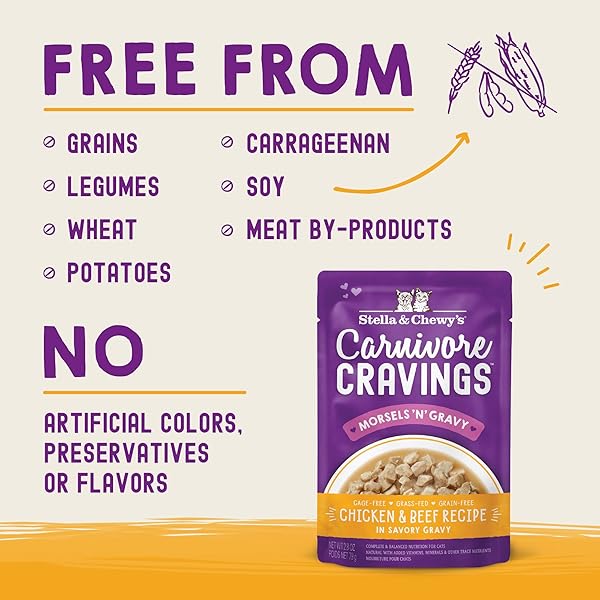 STELLA & CHEWY’S CARNIVORE CRAVINGS MORSELS & GRAVY CHICKEN & BEEF RECIPE WET CAT FOOD POUCHES – (2.8 OUNCE POUCH, CASE OF 12)
