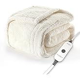 Sunbeam Royal Sherpa Foot Pocket Heated Throw Electric Blanket, 50" x 60", 4 Heat Settings, 4-Hour Auto Shut-Off, Warming Throw for Couch or Bed, Fast Heating, Machine Washable, Natural