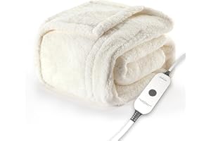 Sunbeam Royal Sherpa Foot Pocket Heated Throw Electric Blanket, 50" x 60", 4 Heat Settings, 4-Hour Auto Shut-Off, Warming Throw for Couch or Bed, Fast Heating, Machine Washable, Natural