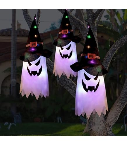 Decoraciones De Halloween Al Aire Libre, 3 Fantasmas Colgantes Iluminados, Lindo Sombrero De Bruja Fantasma Iluminado, Adornos De Halloween Para Decoración De Interiores Y Exteriores Para Fiesta