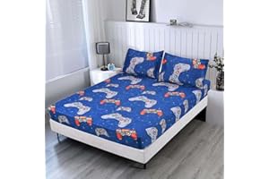 SDIII Blue Gamer Fitted Sheet Full with 2 Pillowcases, Not Including Flat Sheet, Soft Microfiber Deep Pocket for Boys Girls Kids and Teens