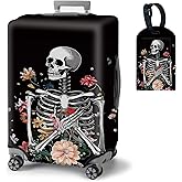 BVDIKMI Floral Skull Suitcase Cover Elastic Protective Dustproof Washable Travel Luggage Covers for Suitcase With Cute Baggage Tag (S, Fit 18-21 Inch Luggage)