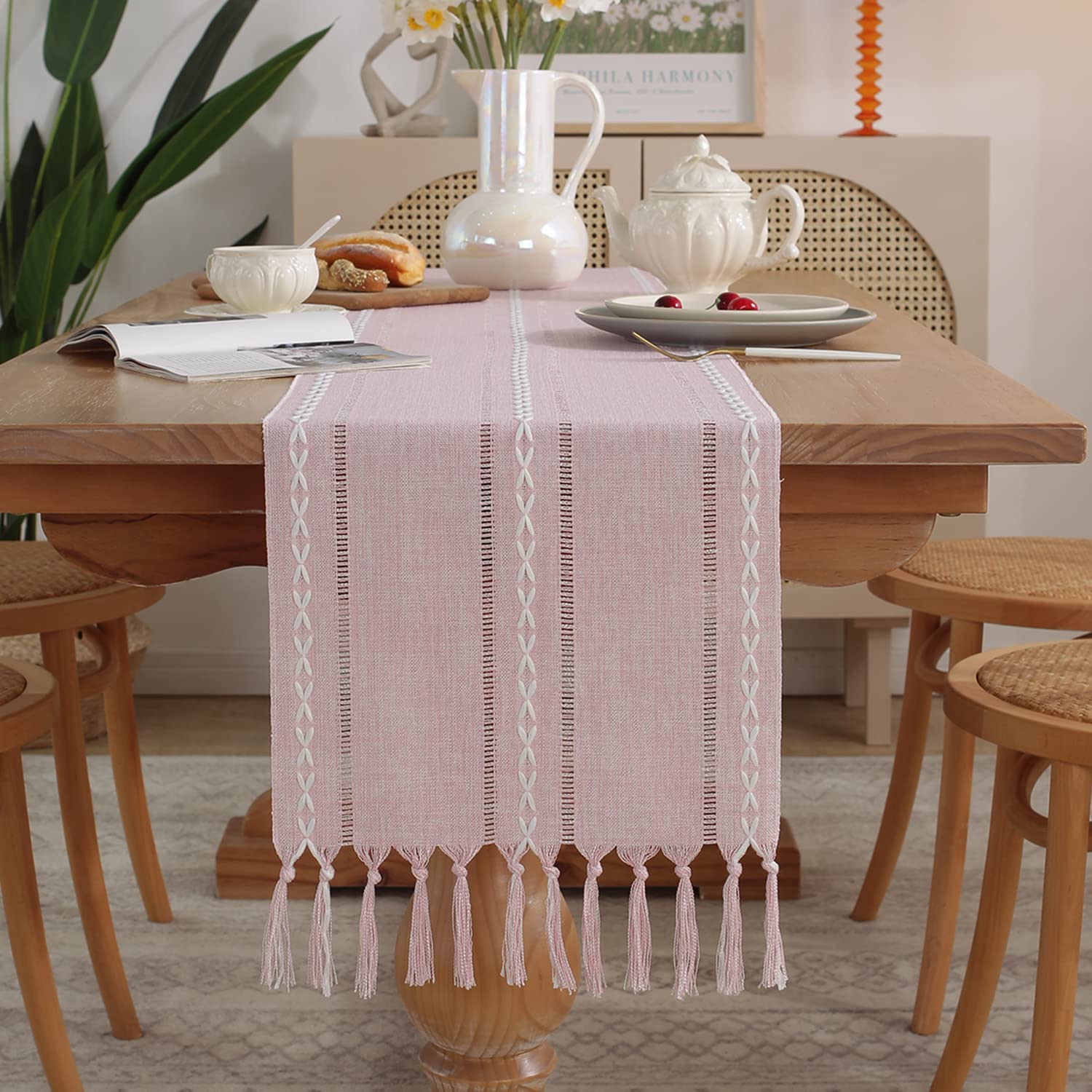 Yicorgard Farmhouse Table Runner Rustic Style 13“ x 36”, Braided Striped Linen Rustic Table Runner 36 Inches Long with Tassels for Dining Room Kitchen Reading Dresser Décor,Pink — image 1