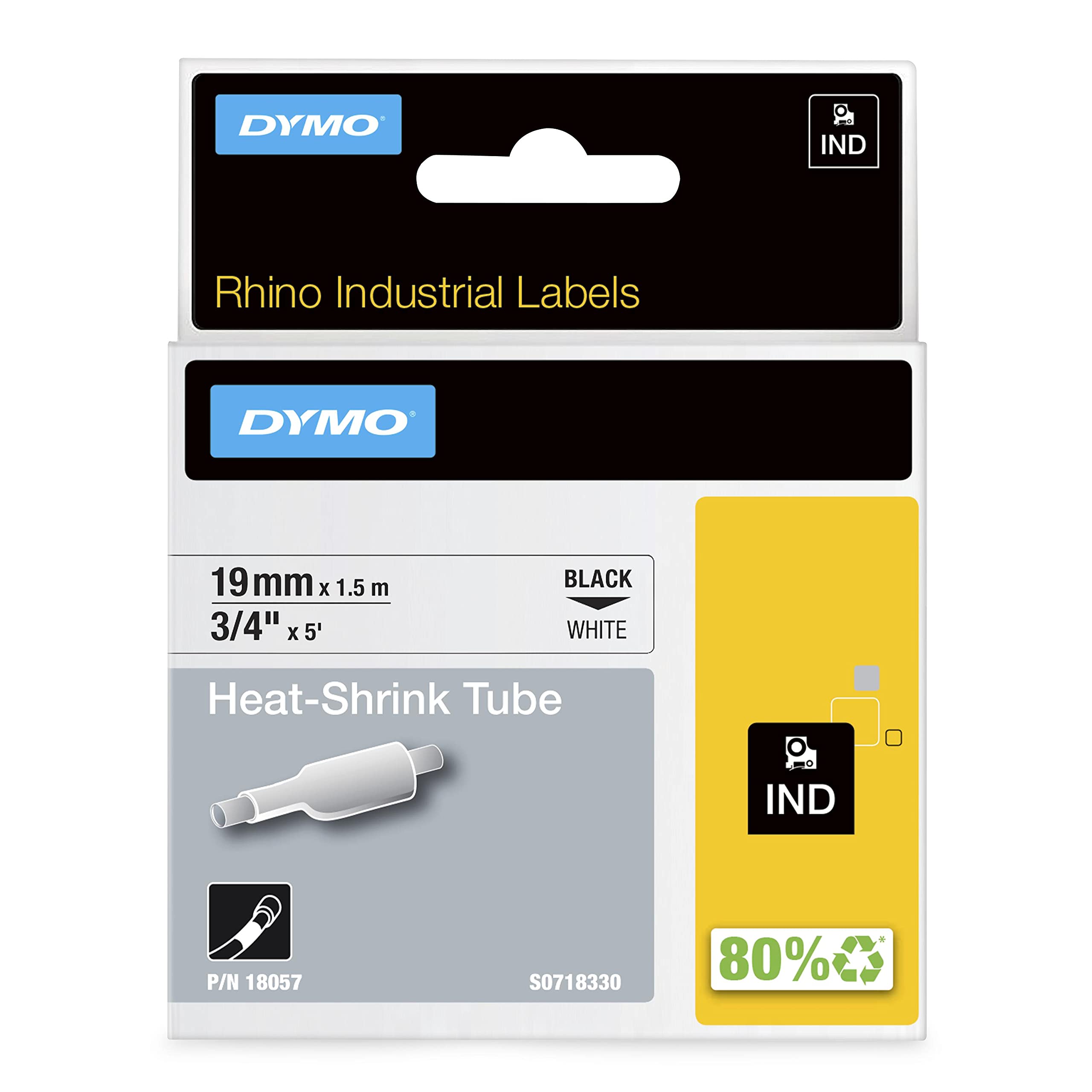 DYMO Rhino Industrial Heat-Shrink Cable Label Tubes | 19 mm x 1.5 m | Black Print on White | Self-Adhesive | for Rhino Label Makers