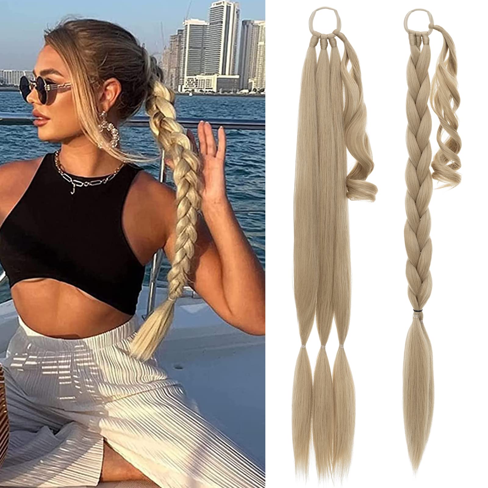 MY-LADY Long DIY Braided Ponytail Extension with Elastic Tie Straight Wrap Around Braid Hair Extensions Pony Tail Soft Synthetic Hairpiece for Women 34 inch Ash Blonde โ image 1