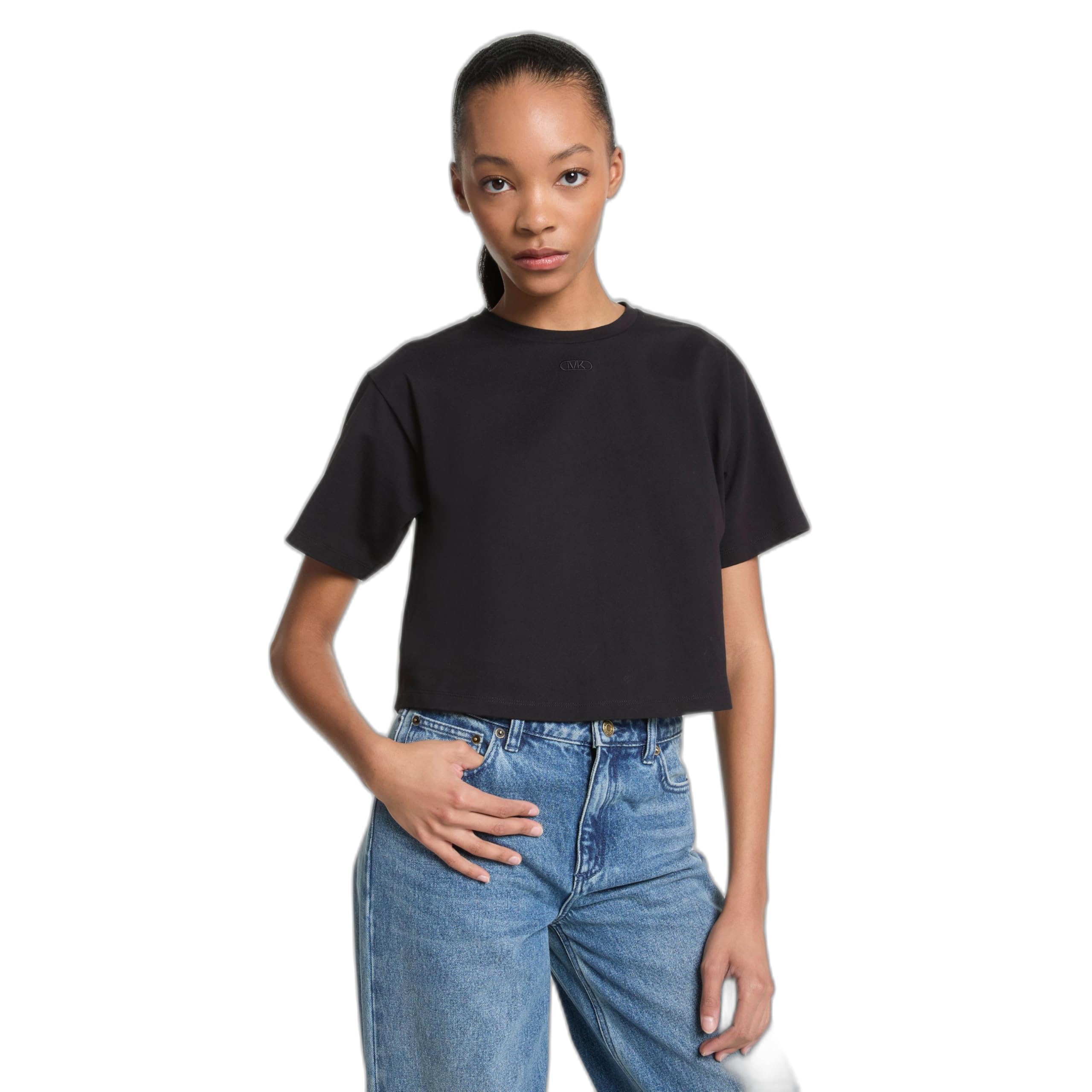 Michael Kors Women’s Embossed Logo Oversized Cropped T-Shirt, Black, S