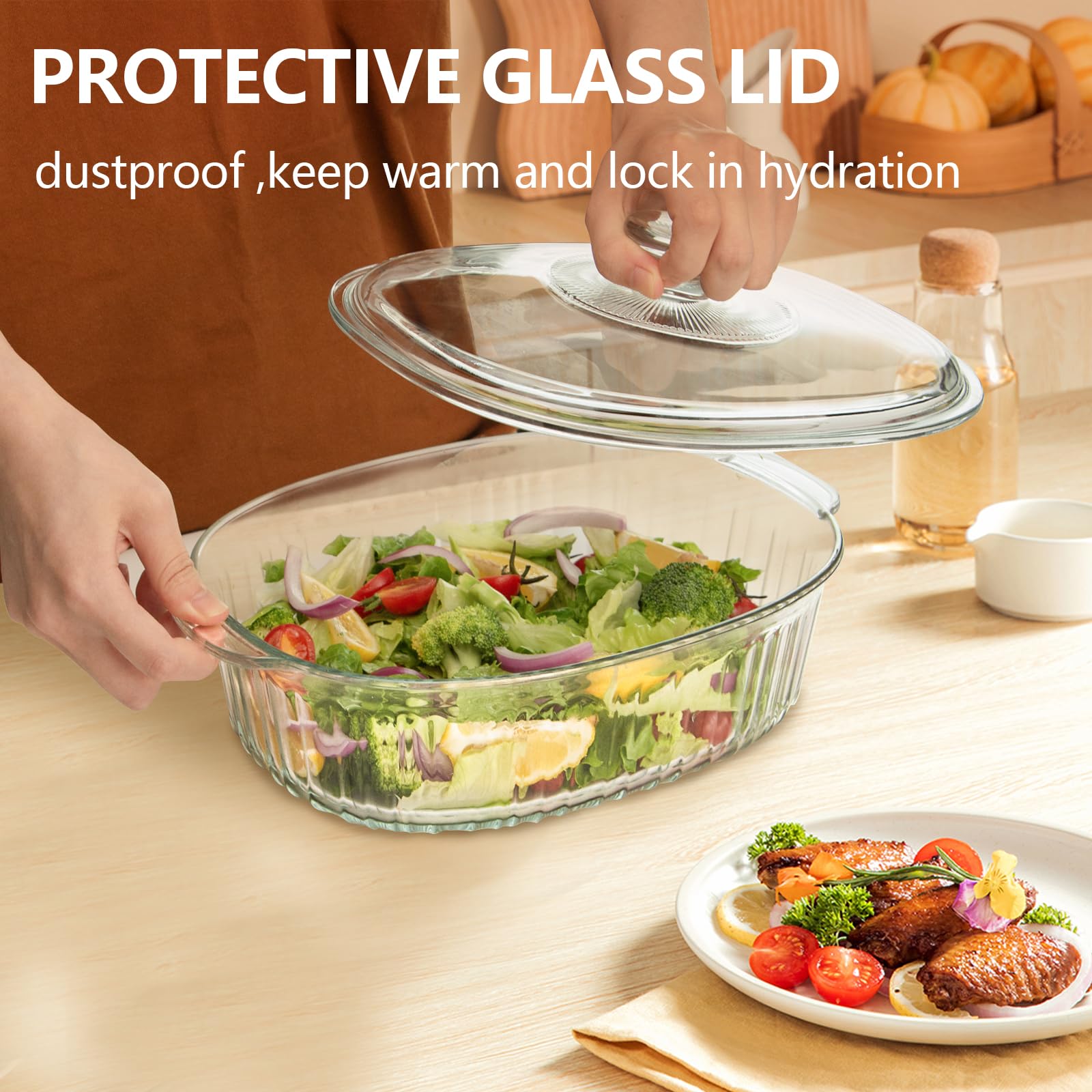 Luvan 2.8L/3Qt Glass Casserole Dish with Lid, Ribbed Oval Glass Baking Dish for Oven & Microwave, Clear Lead-Free Covered Casserole Cookware, Versatile Deep Glasses Food Container for Baking, Cooking