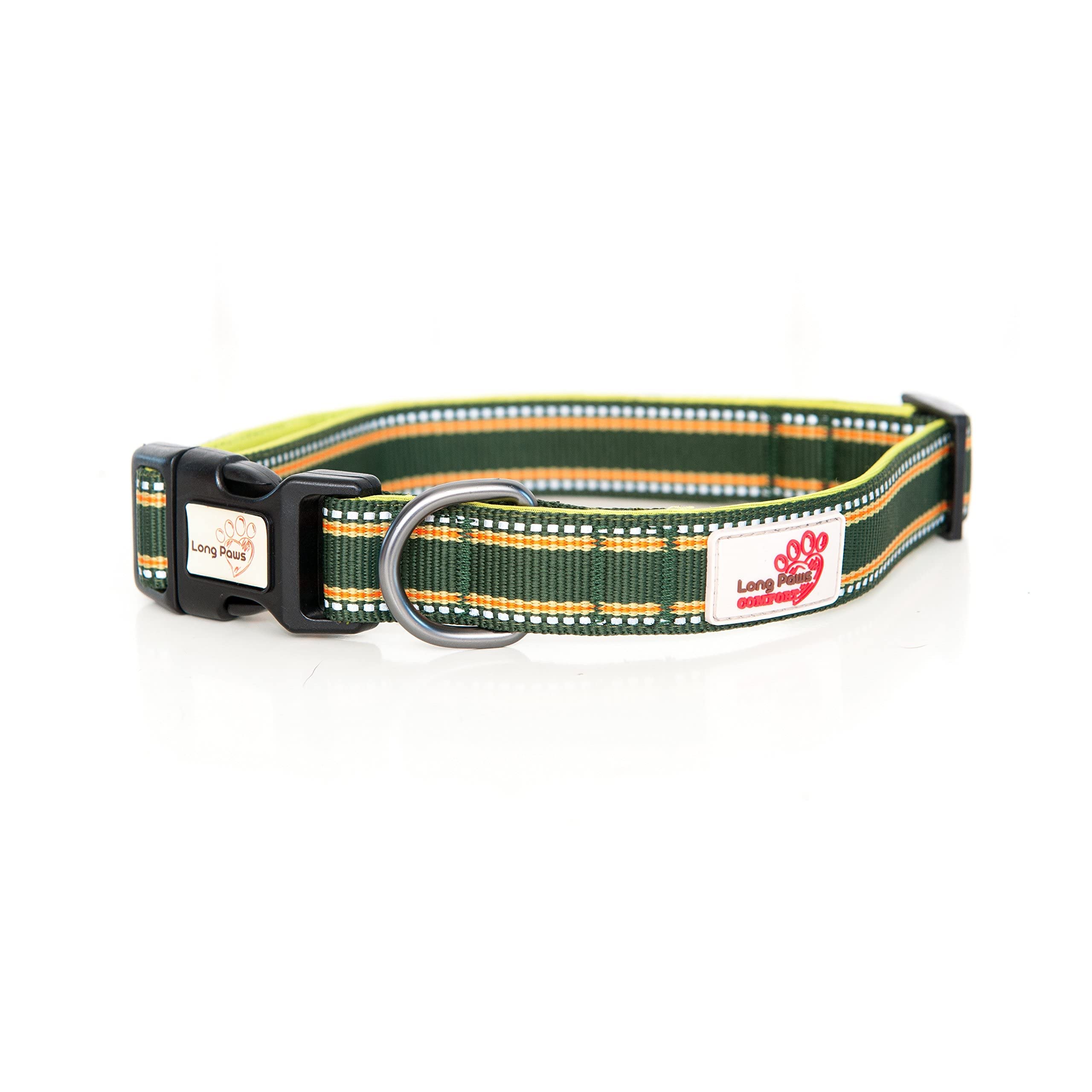 Long Paws Comfort Reflective Padded Dog Collar, Medium, Green