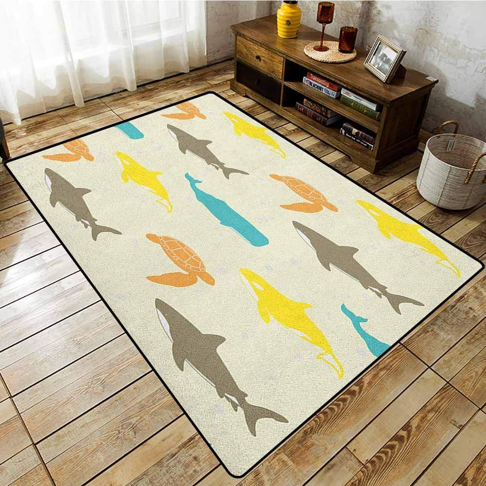 Custom Rug,Sea Animals,Pattern with Whale Shark and Turtle Aquarium Doodle Style Marine Life,Children Crawling Bedroom Rug,3'3"x5'3" Ivory Taupe Peach
