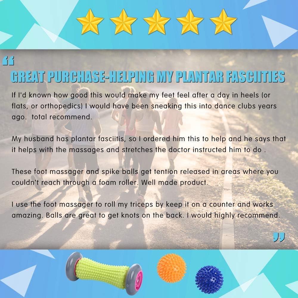 Foot Roller Massage Ball for Relief Plantar Fasciitis and Reflexology Massager for Deep Tissue Acupresssure Recovery for PLA Relax Foot Back Leg Hand Tight Muscle, 1 roller and 2 Spiky Balls: Health & Personal Care