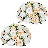 Briful Fake Floral Balls for Centerpieces - 2PCS 11.8" Large Faux Rose Flower Arrangement Silk Flower Bouquet for Home Wedding Party Anniversary Table Vase Flower Stand Decor(Champagne White)