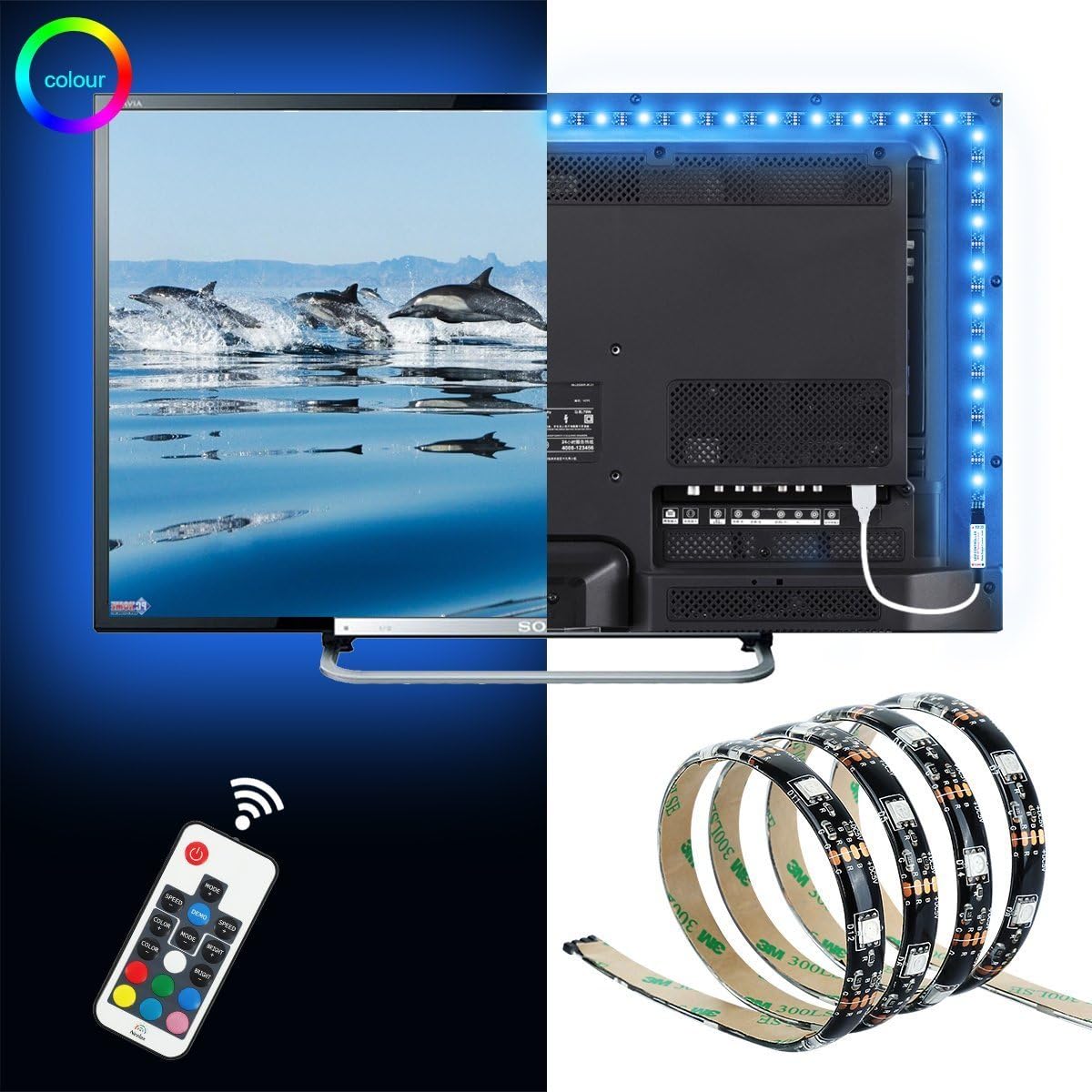 USB LED Strip light , Nexlux 100cm(3.28Ft) Flexible 5050 RGB TV Background lighting kit with 5V USB cable and RF 17 key Remote