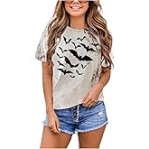 Halloween Bats T Shirt for Women Retro Tie Dye Spooky Shirts Vintage Graphic Tees Fall Casual Short Sleeve Tee Tops